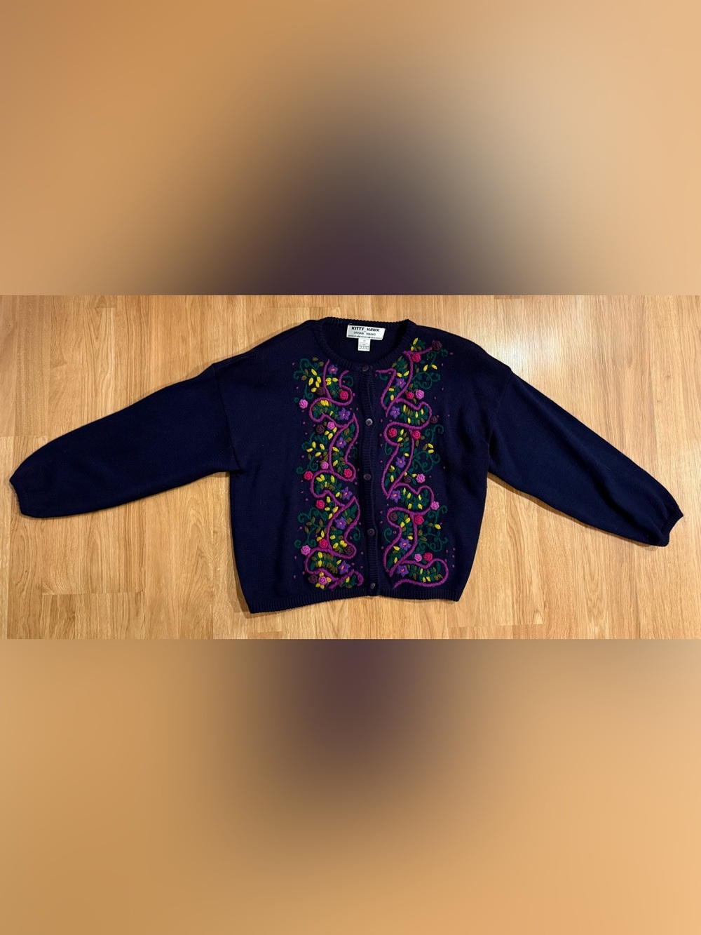 EUC Vintage Kitty Hawk Vivian Wang Floral Embroidered Cardigan - Navy - M - Wool